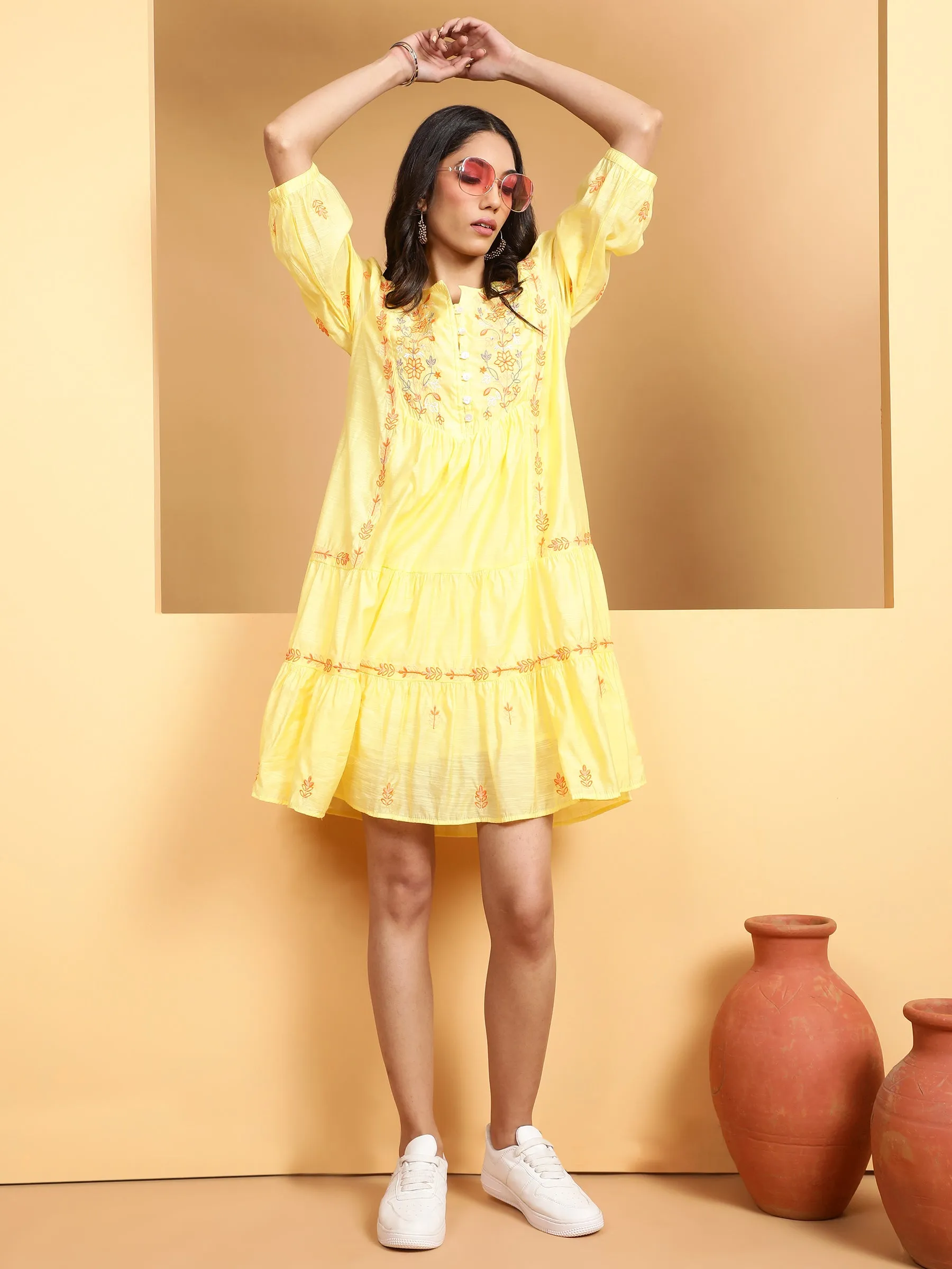 Women Mustard Round Neck Solid Dress