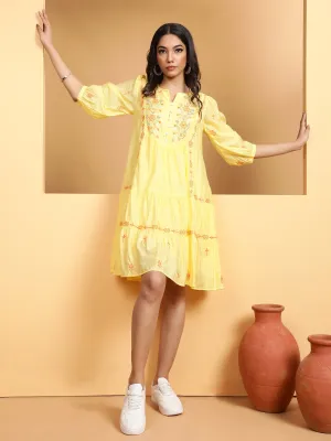 Women Mustard Round Neck Solid Dress