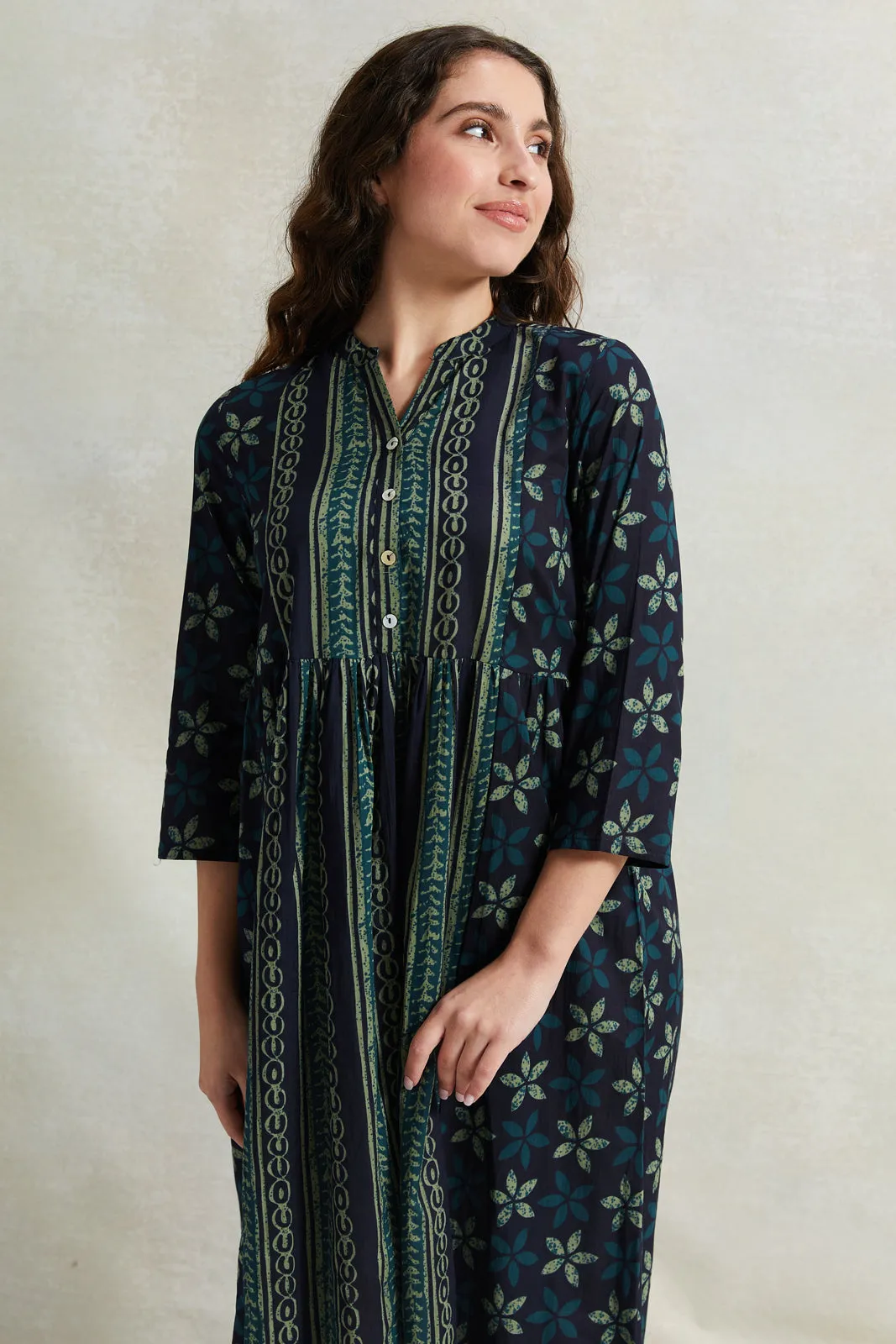 Women Olive Embroidery Printed Nightgown