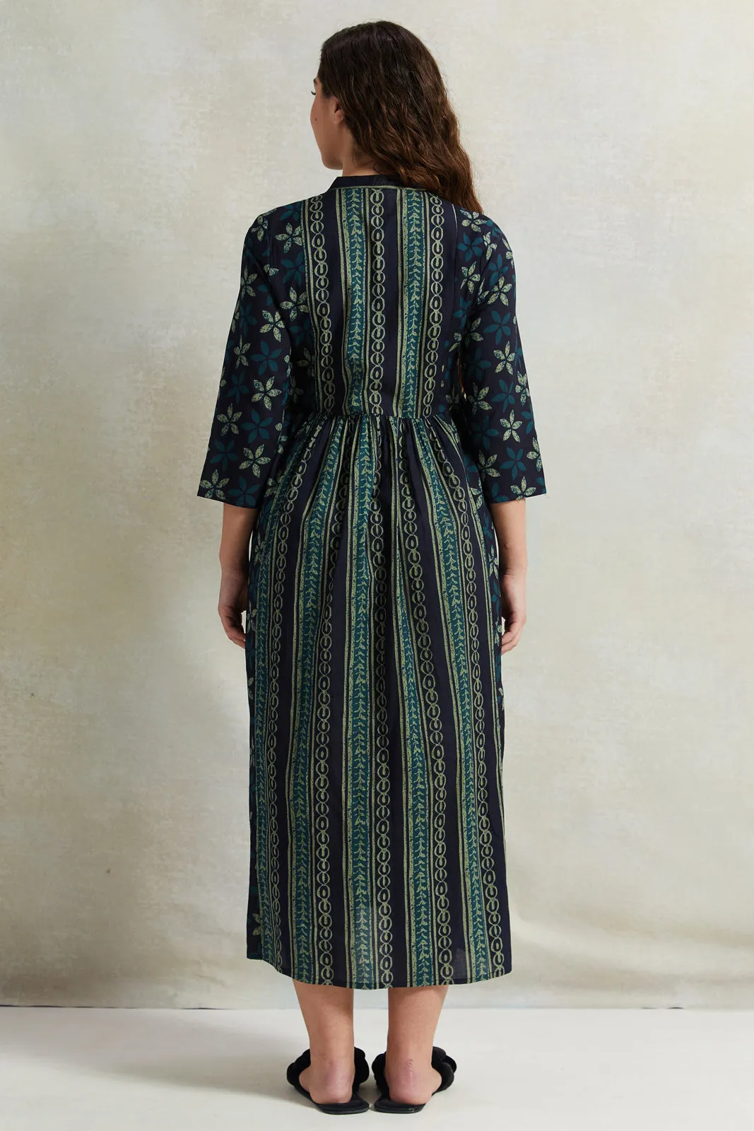 Women Olive Embroidery Printed Nightgown