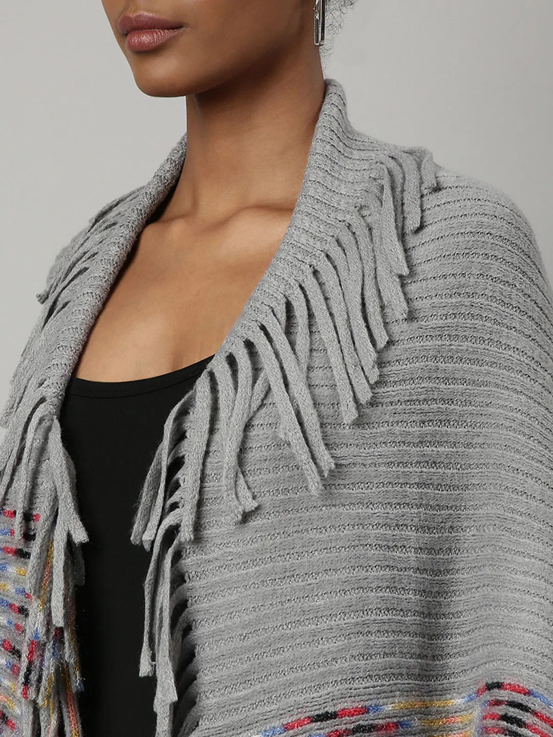 Women Striped Grey Longline Poncho