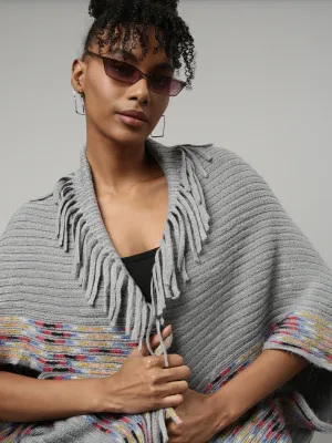 Women Striped Grey Longline Poncho