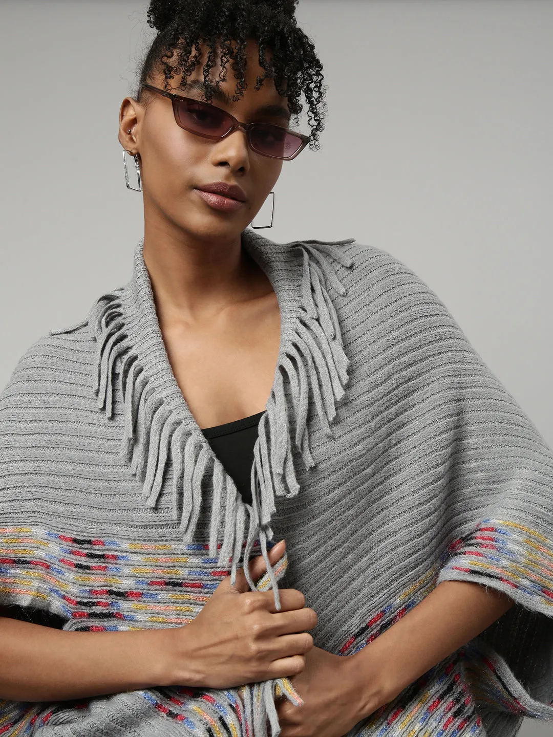 Women Striped Grey Longline Poncho