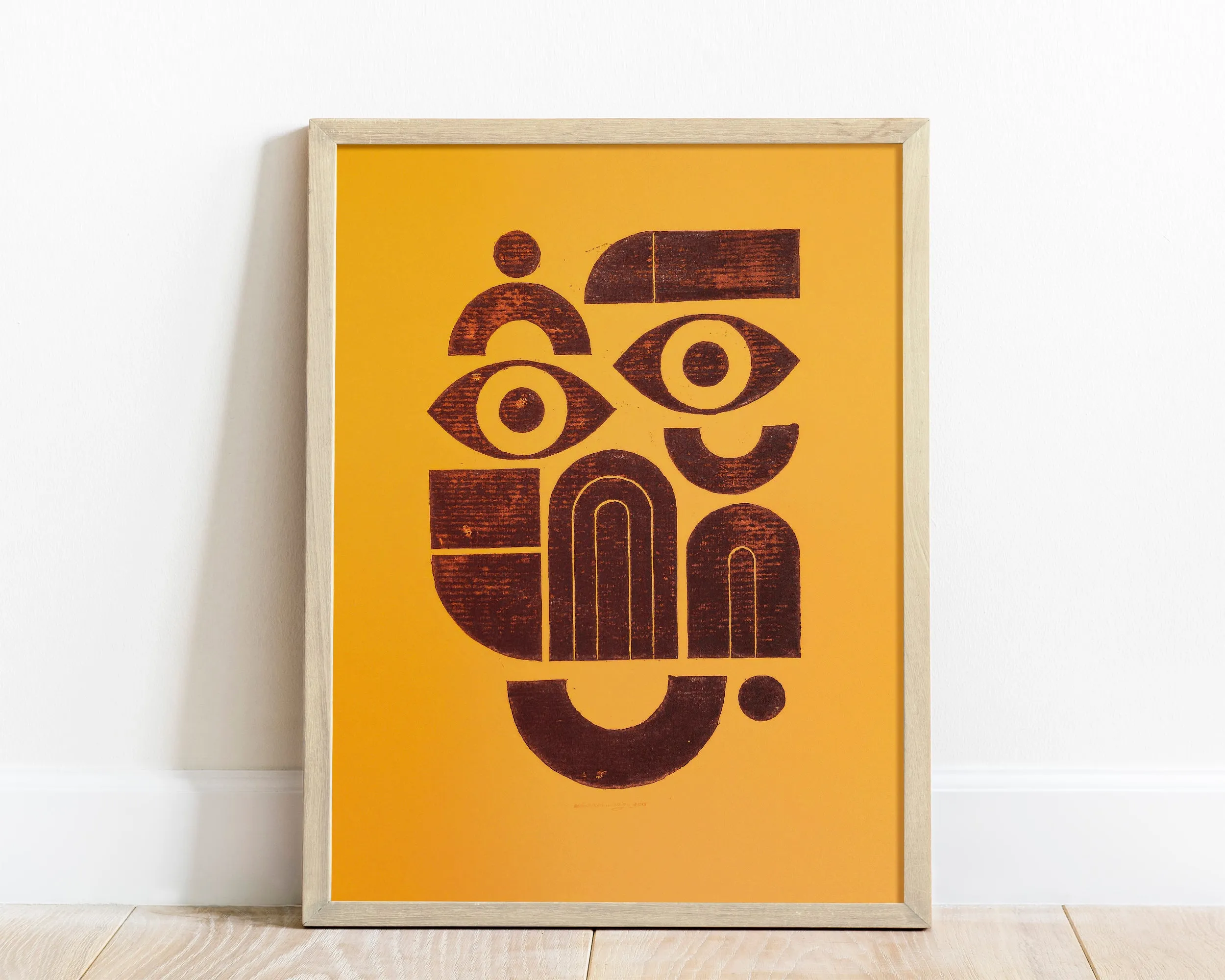 Yellow and brown abstract bauhaus face art Linocut print 12x16in for New home gift UNFRAMED